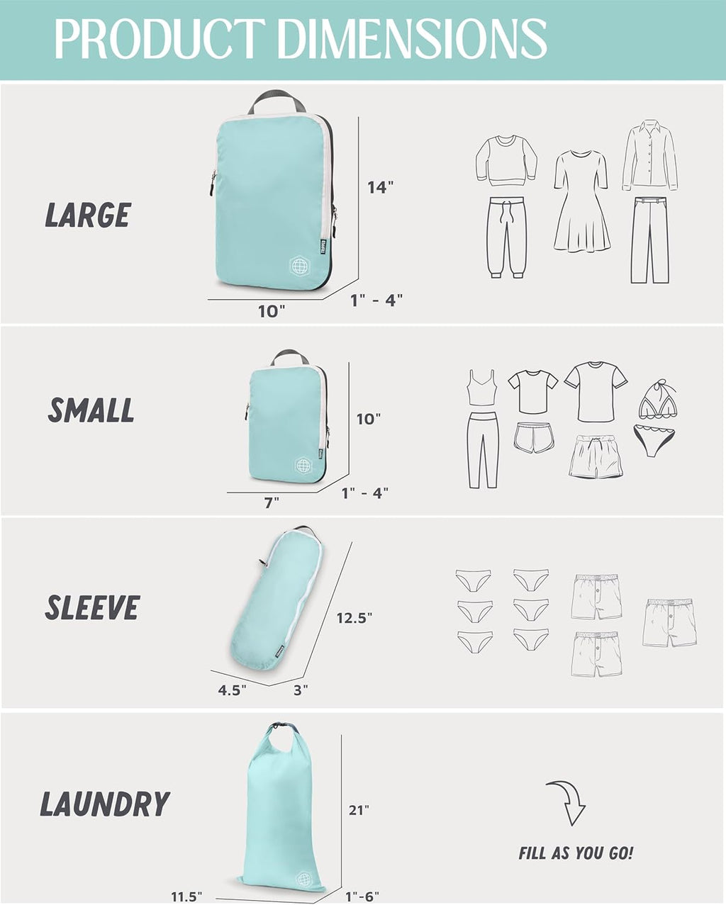Compression Packing Cubes for Travel, 6-Piece Lightweight Packing Cubes Set for Carry-On Luggage & Backpacks –  (Dusty Teal/White)