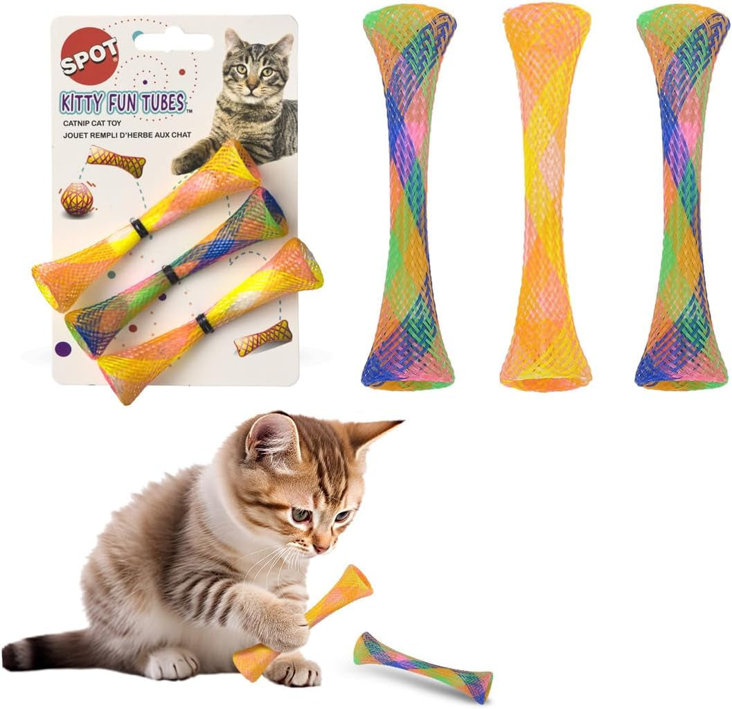 Kitty Fun Tubes Cat Toy with Catnip inside | Bouncy Interactive Mesh Toy for Cats and Kittens to Bite, Swat and Chase | 3 Pieces