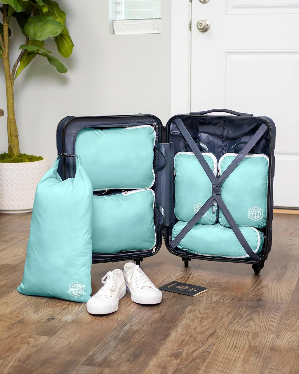 Compression Packing Cubes for Travel, 6-Piece Lightweight Packing Cubes Set for Carry-On Luggage & Backpacks –  (Dusty Teal/White)